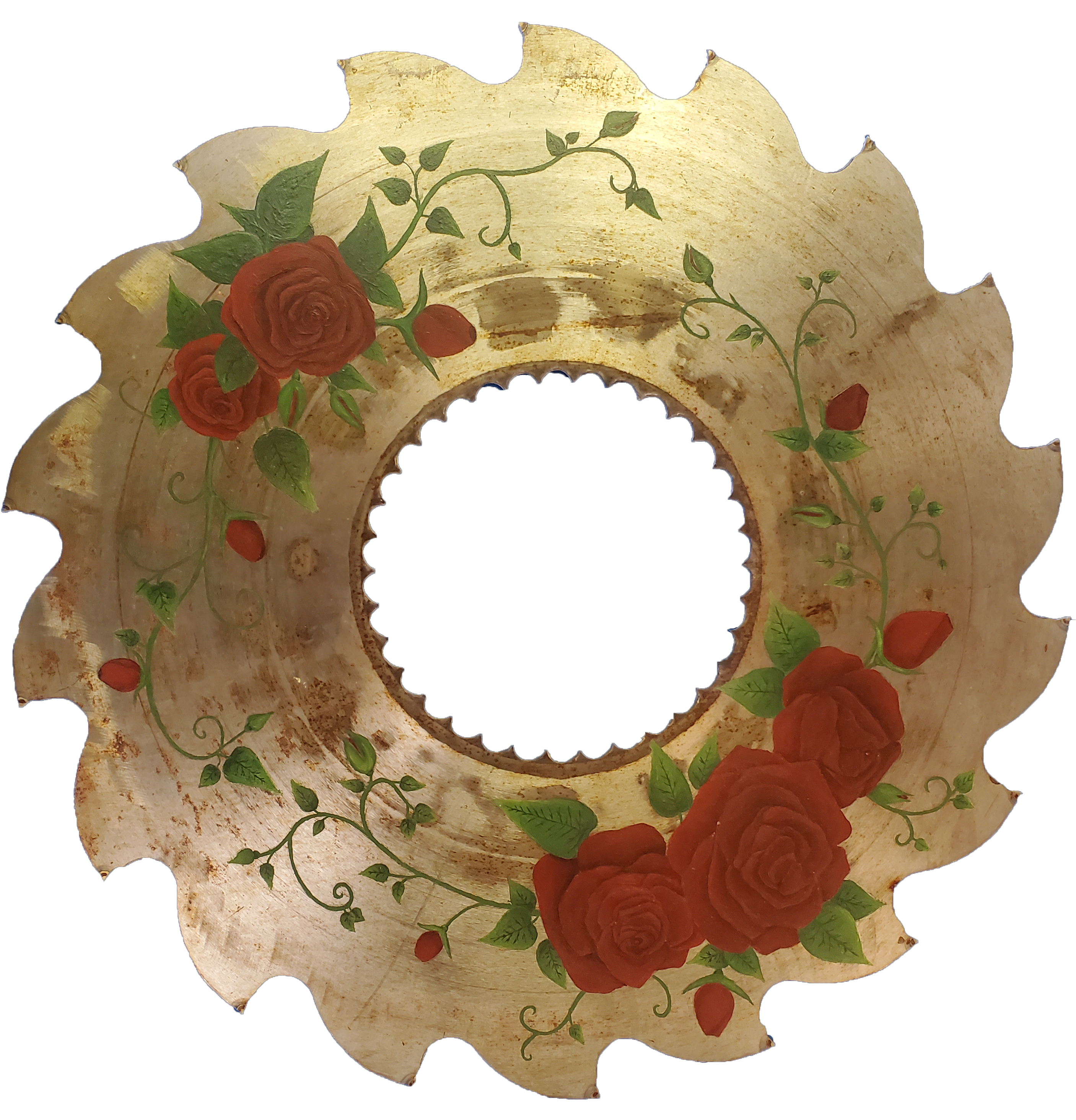 Saw blade with roses painted on.